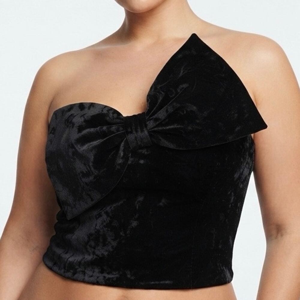 Anthropologie Hutch Black Velvet Bow Strapless Bustier Top Shirred Back Size XL
